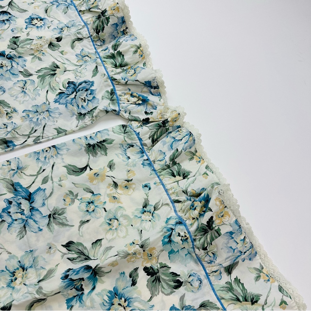 Vintage Blue Floral Cotton Lace Ruffle Trim 2 Standard Pillowcases & Flat Sheet - Picture 6 of 14